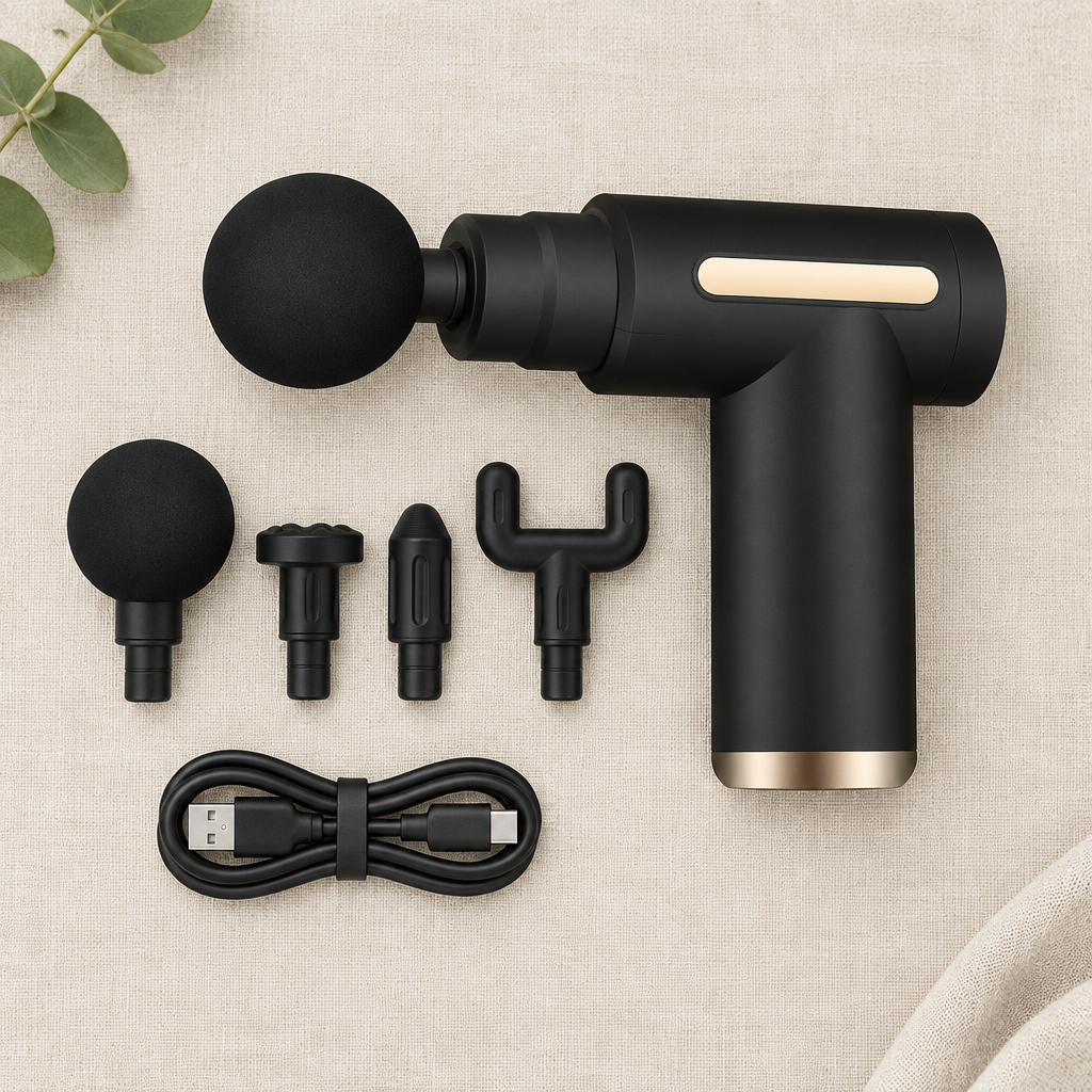 Mini pistolet de massage avec ses 4 embouts et son câble USB