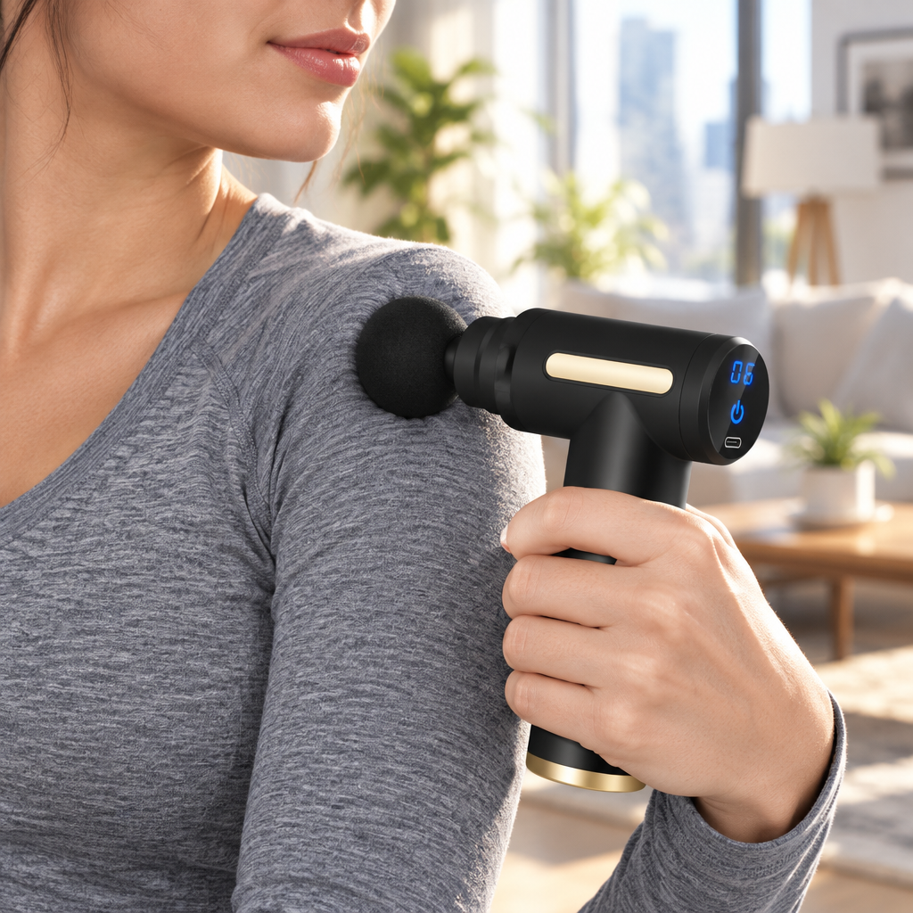 Mini pistolet de massage utilisé sur l'épaule