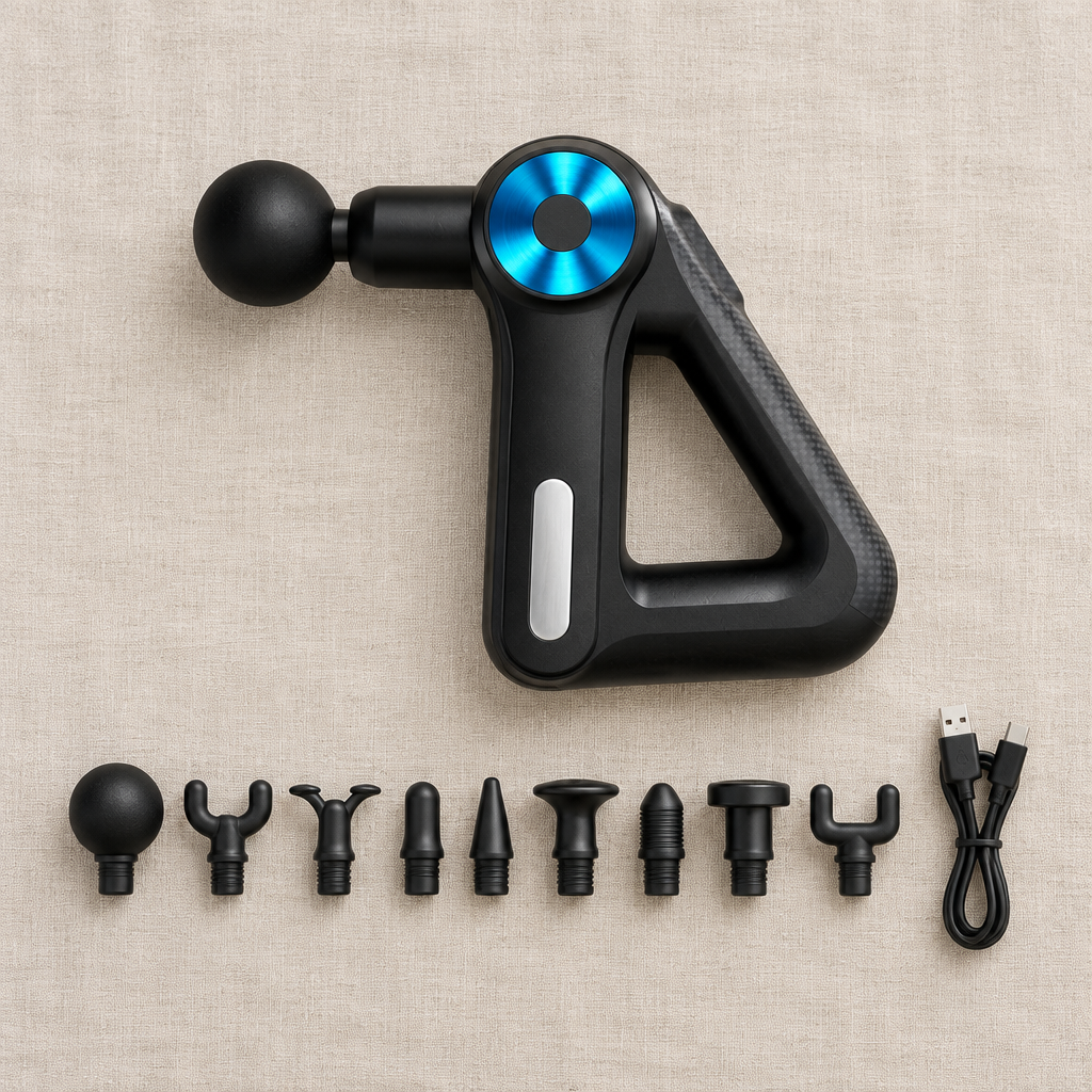 Pistolet de massage avec ses 9 têtes interchangeables