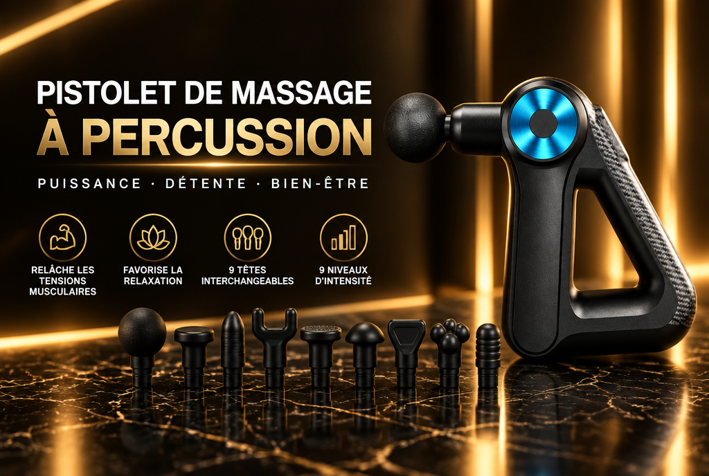 Pistolet de massage à percussion – 9 têtes et 9 niveaux d'intensité