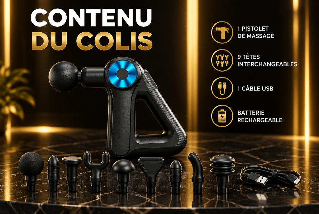 Contenu du colis : pistolet de massage, 9 têtes et câble USB