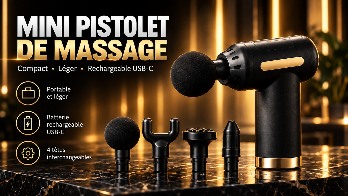 Mini pistolet de massage noir et or avec 4 têtes interchangeables
