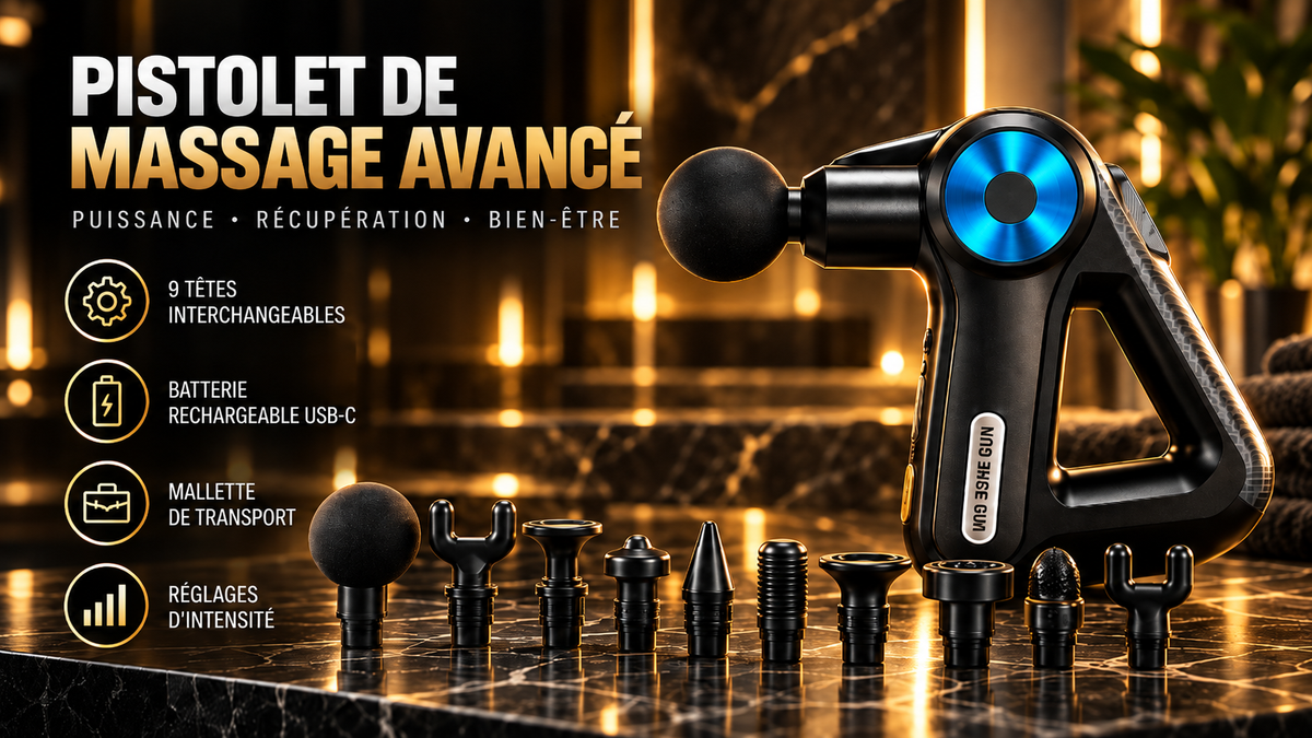 Pistolet de massage avancé noir et or avec 9 têtes interchangeables